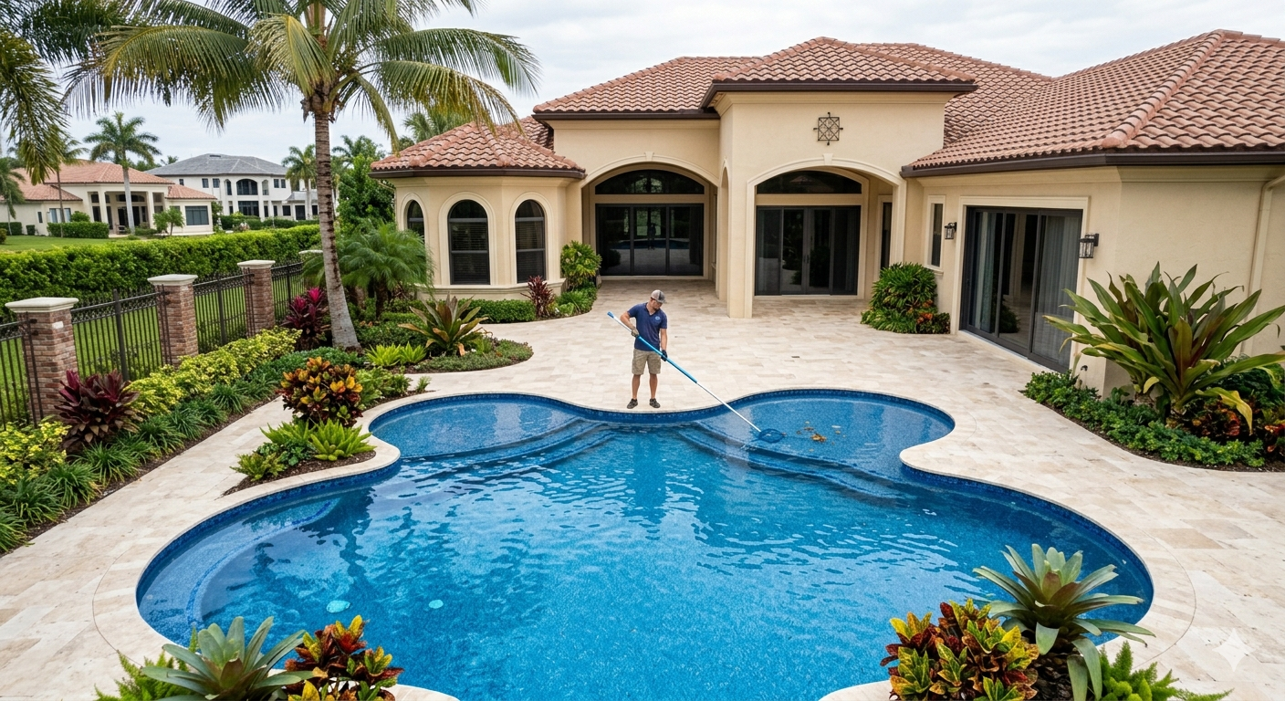 Pool technician servicing a luxury pool
